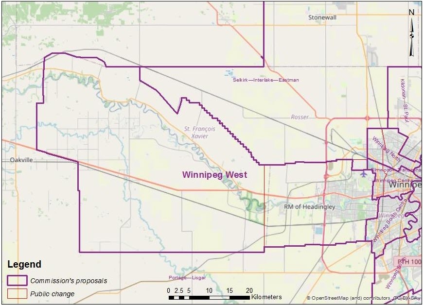 A map showing alternative proposed boundaries for the electoral district of Winnipeg West.