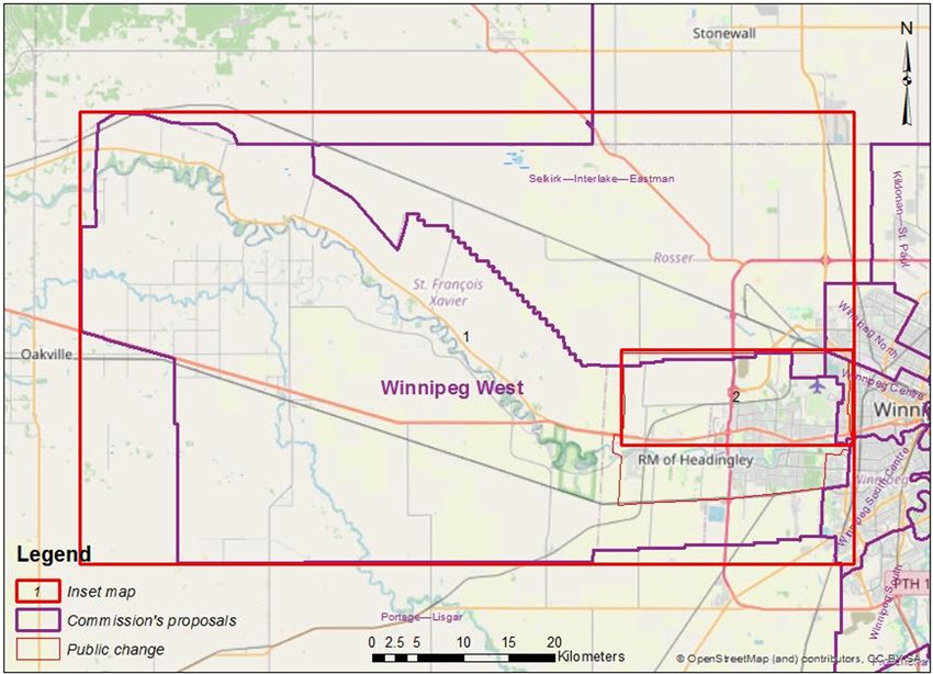 A map depicting an alternative proposal for the boundaries of the electoral district of Winnipeg West.
