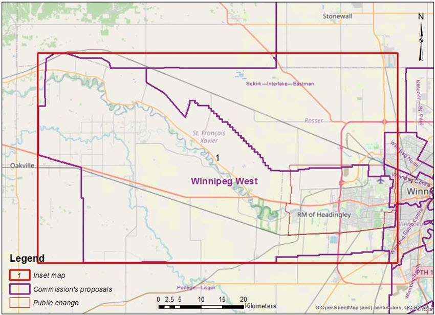 A map depicting another possible proposal for the boundaries of the electoral district of Winnipeg West.