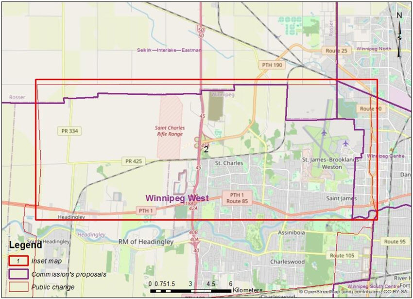 A map depicting yet another alternative for the boundaries of the electoral district of Winnipeg West.