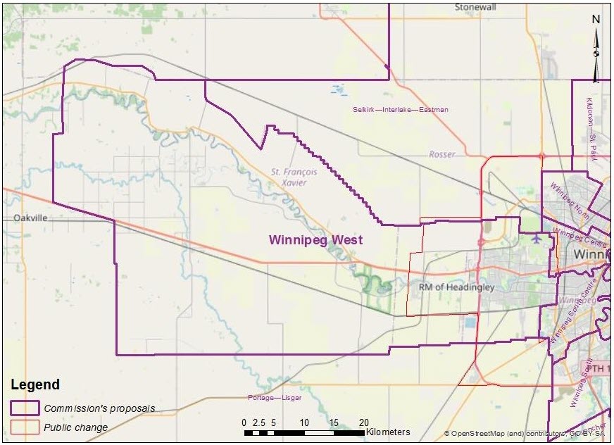 This map shows Matt Hinatsu's proposed changes to the boundaries of Winnipeg West.
