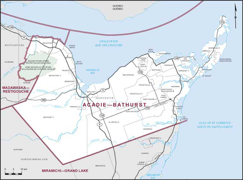 Map of Acadie–Bathurst – Existing boundaries.