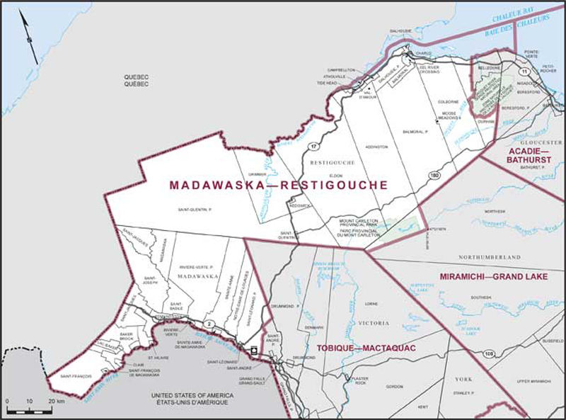 Map of Madawaska–Restigouche – Existing boundaries.