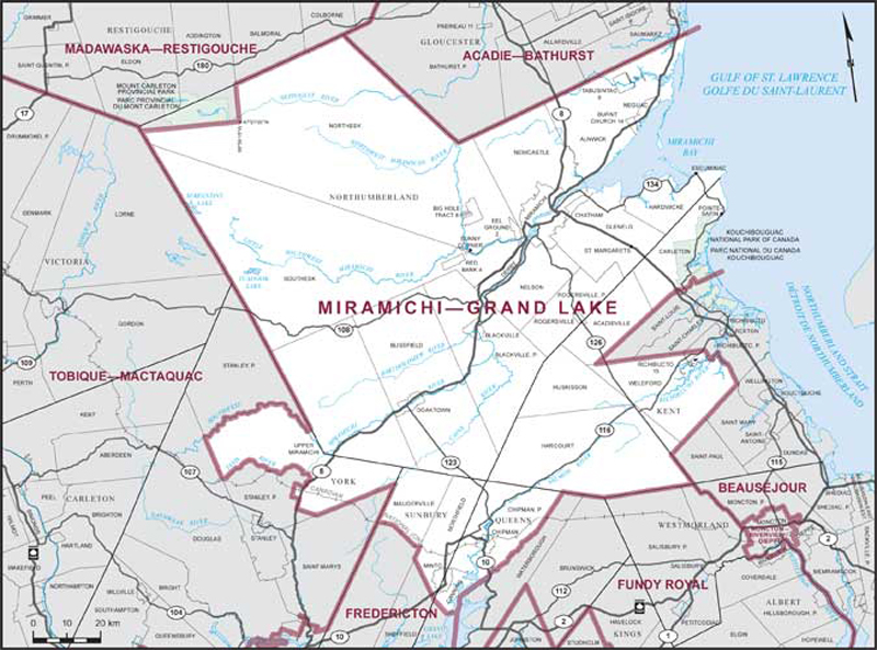 Map of Miramichi–Grand Lake – Existing boundaries.