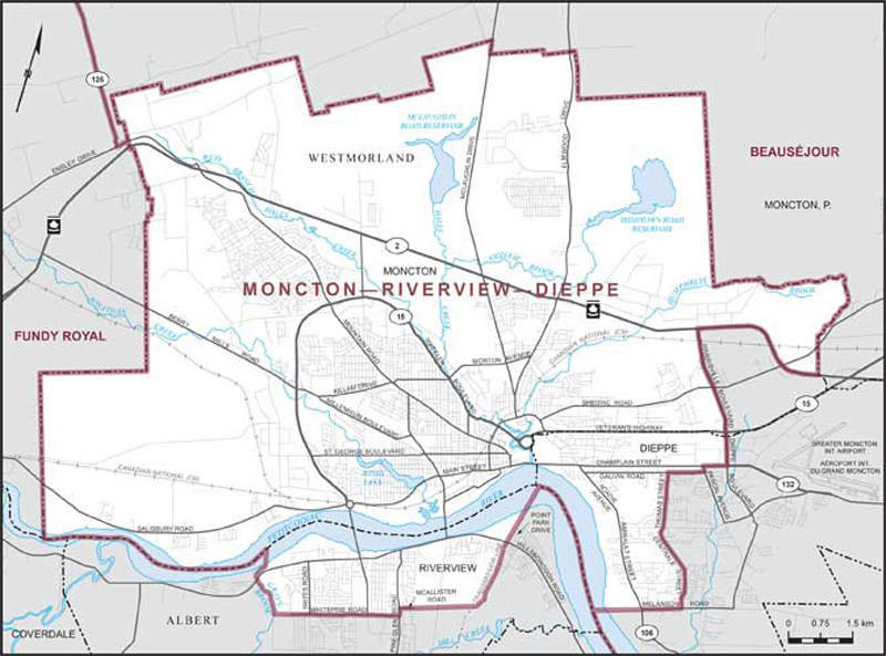Map of Moncton–Riverview–Dieppe – Existing boundaries.