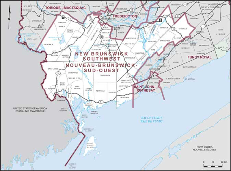 Map of New Brunswick Southwest – Existing boundaries.