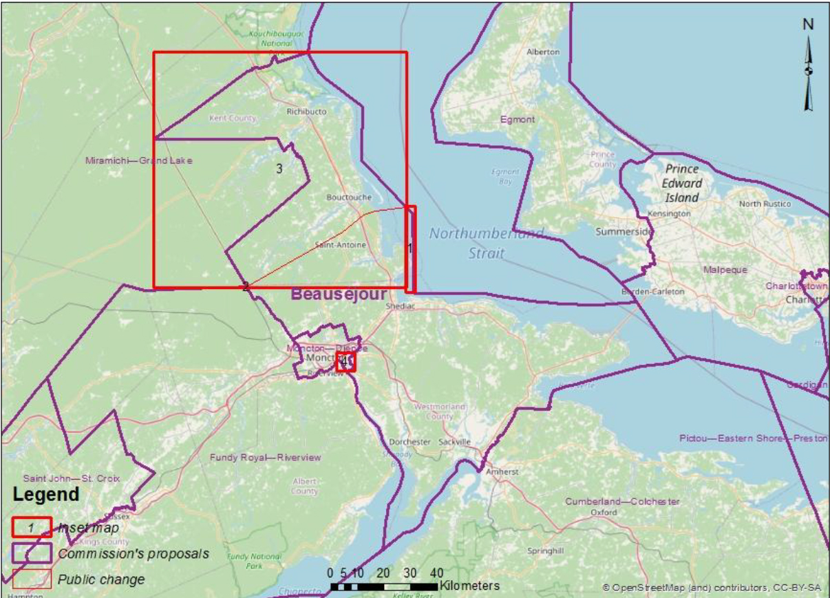 This image shows an alternate proposal affecting the ridings of Miramichi – Grand Lake and Beausejour