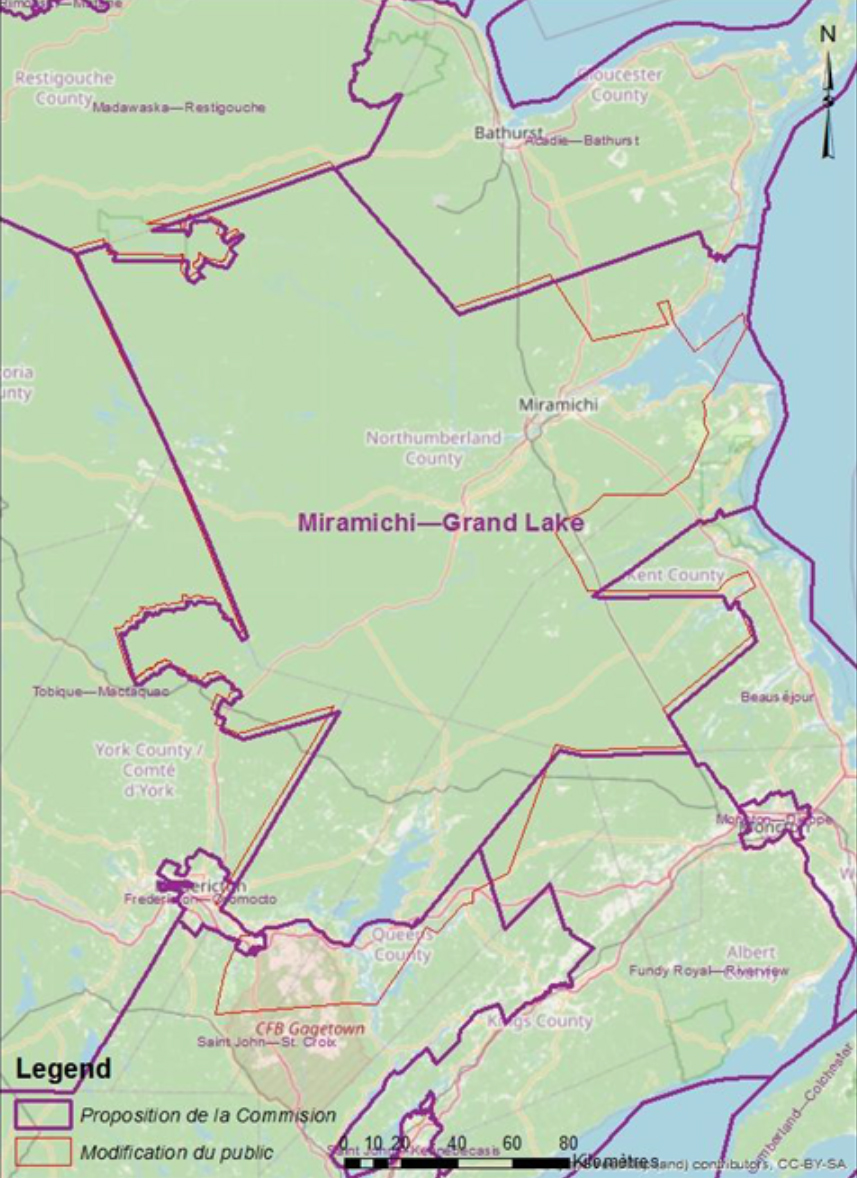 Cette image montre une carte électorale alternative de la circonscription de Miramichi – Grand Lake.