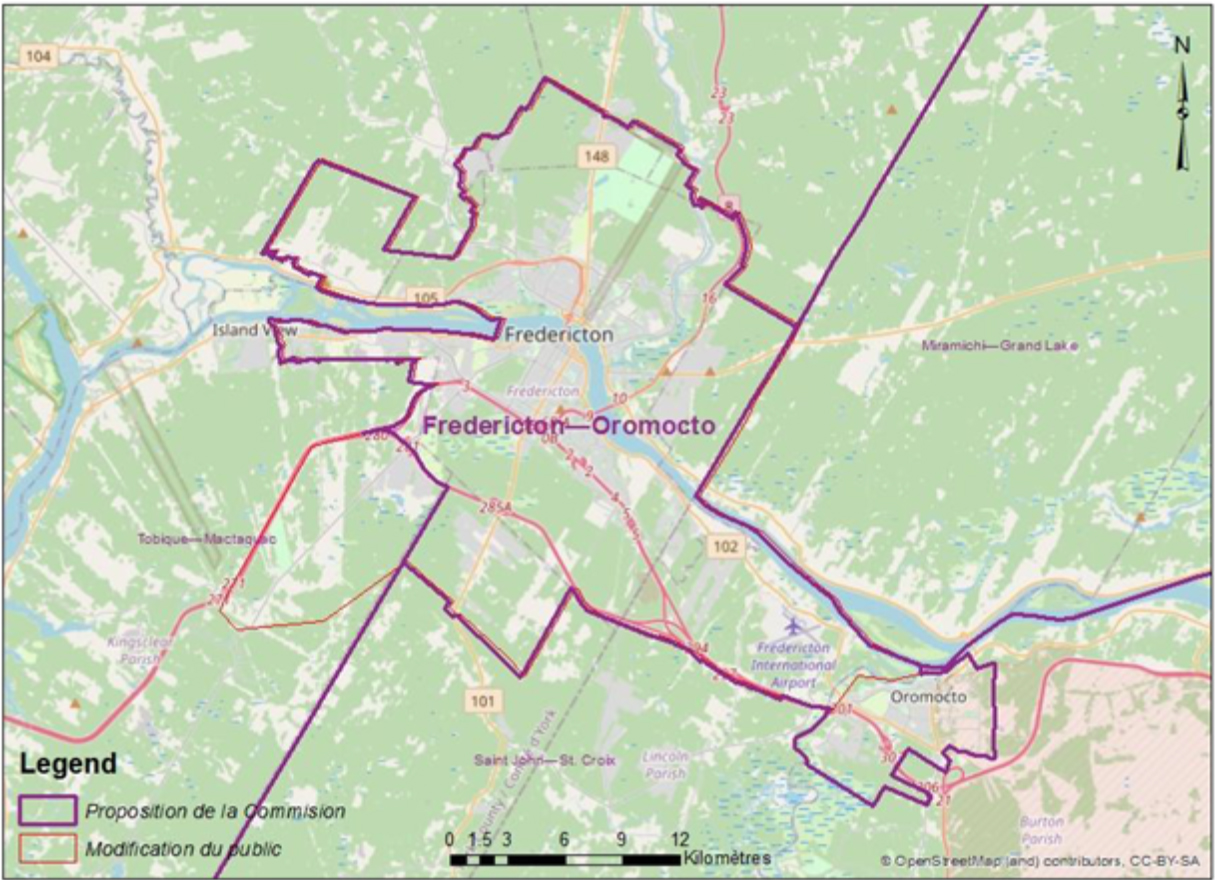 Cette image montre une carte électorale alternative de la circonscription de Fredericton –  Oromocto.