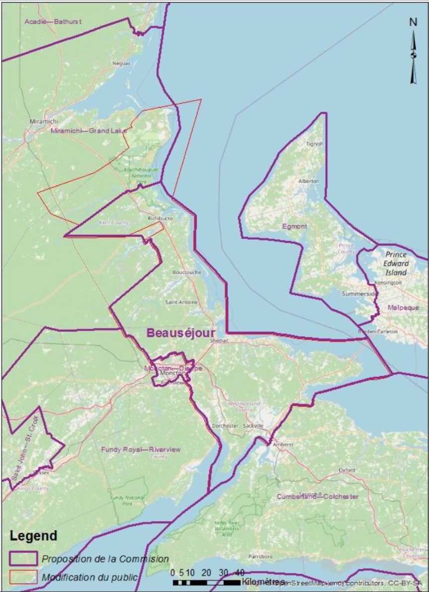 Cette image montre une carte électorale alternative de la circonscription de Beauséjour.