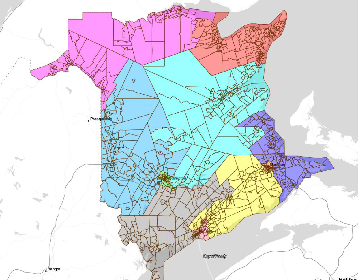 This image shows a proposed map of New Brunswick's electoral districts.