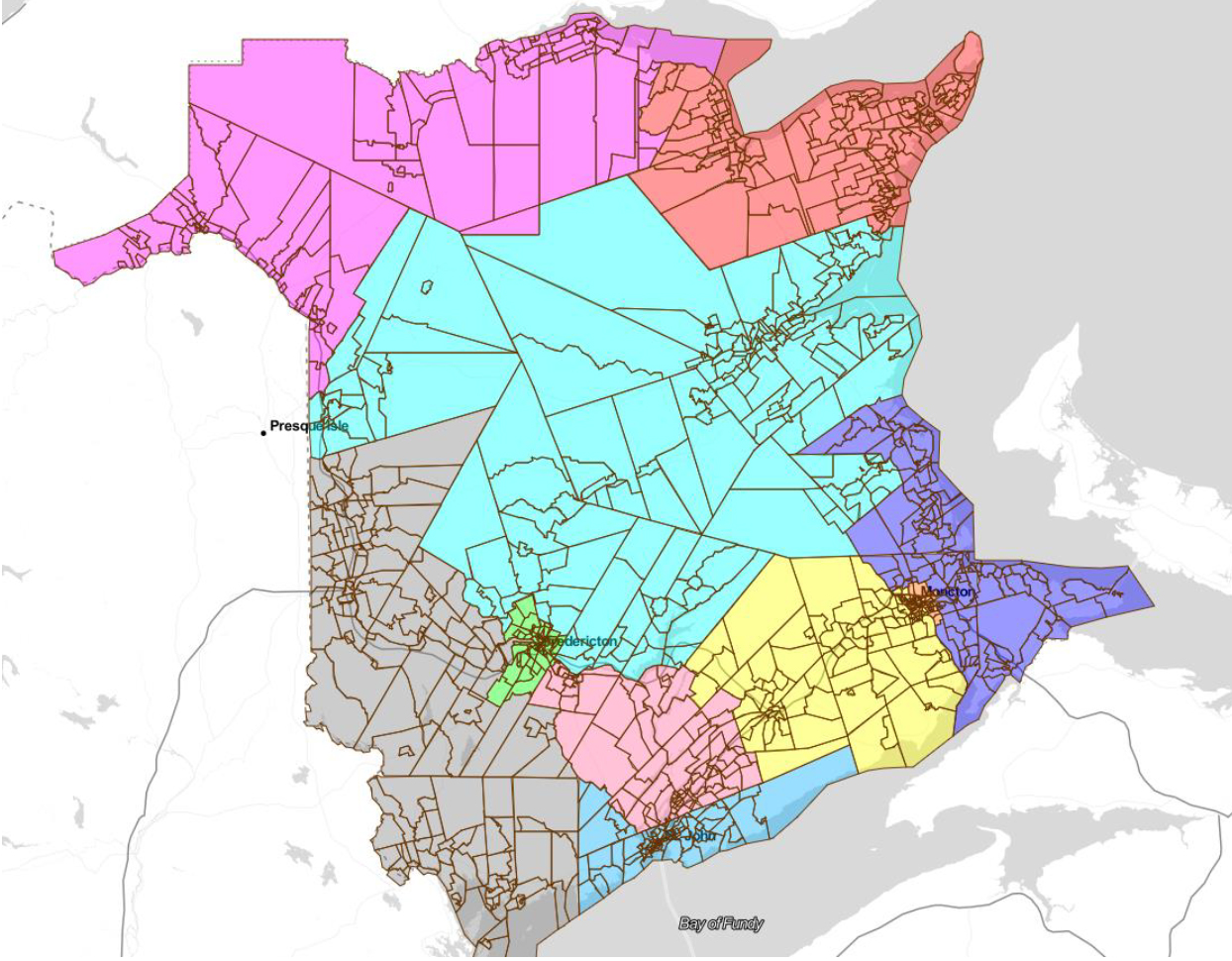 This image shows a proposed map of New Brunswick's electoral districts.