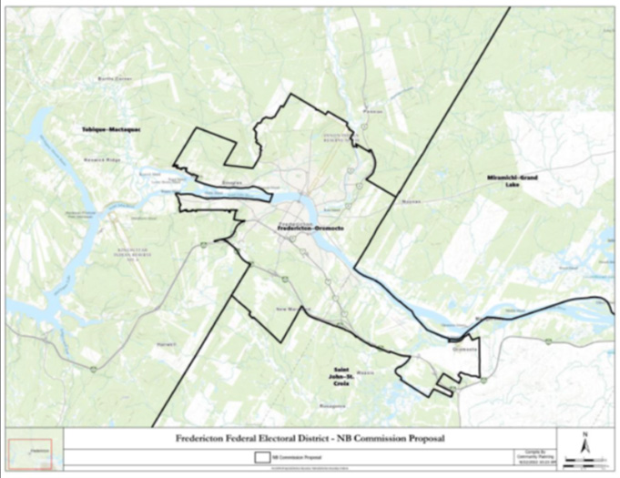 This image shows the Federal Electoral Boundary Commission's proposal electoral district of Fredericton - Oromocto