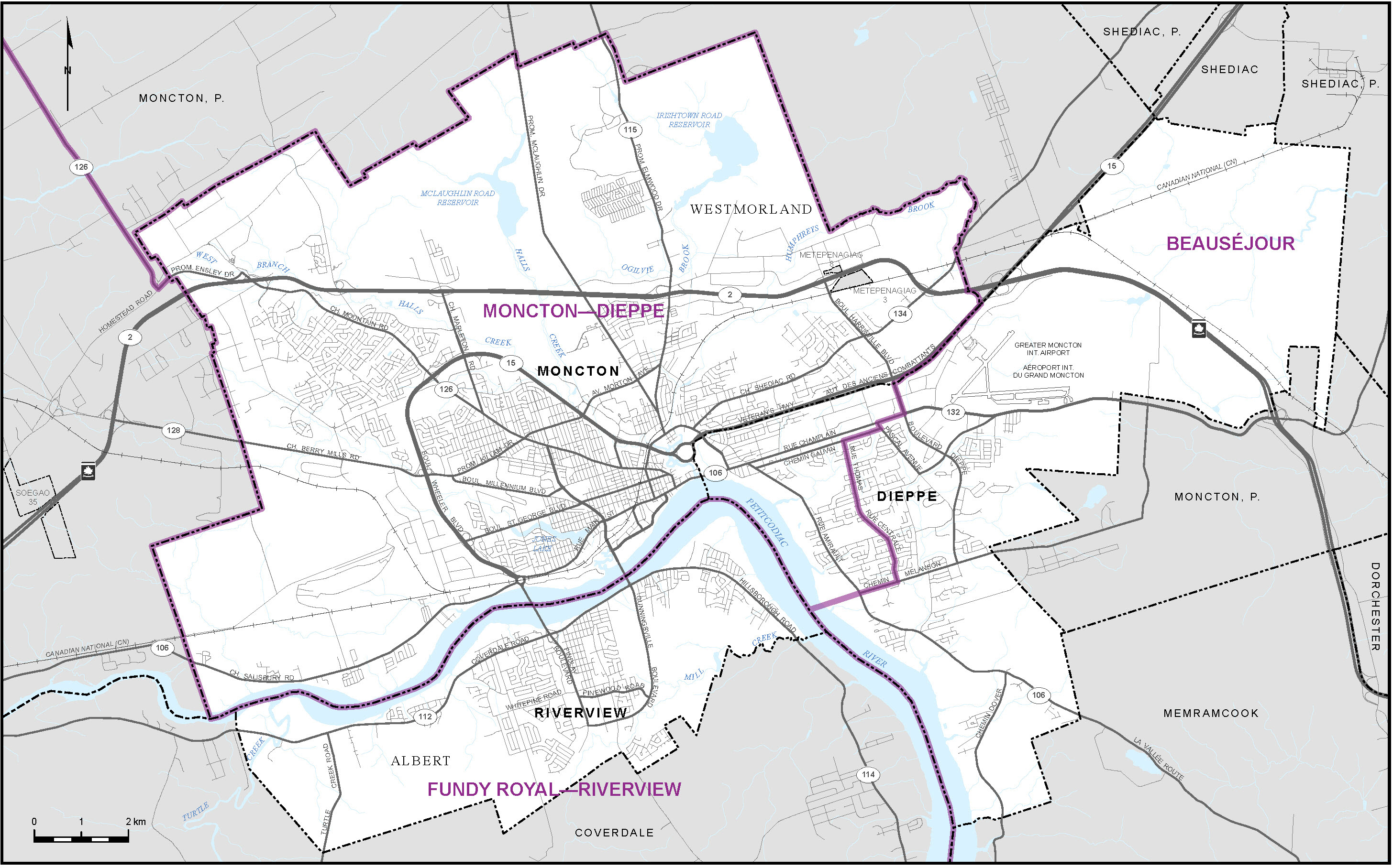 Map of Cities of Dieppe and Moncton and Town of Riverview