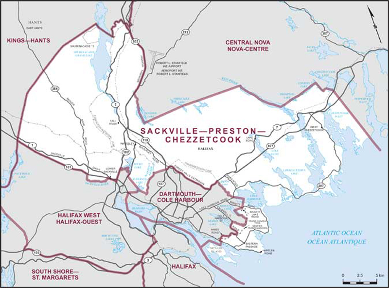Map of Sackville–Preston–Chezzetcook – Existing boundaries.