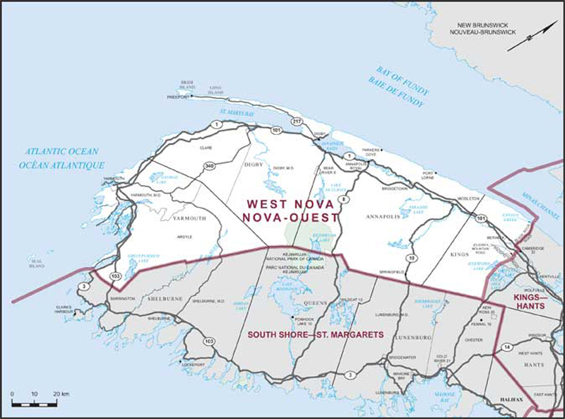Map of West Nova – Existing boundaries.