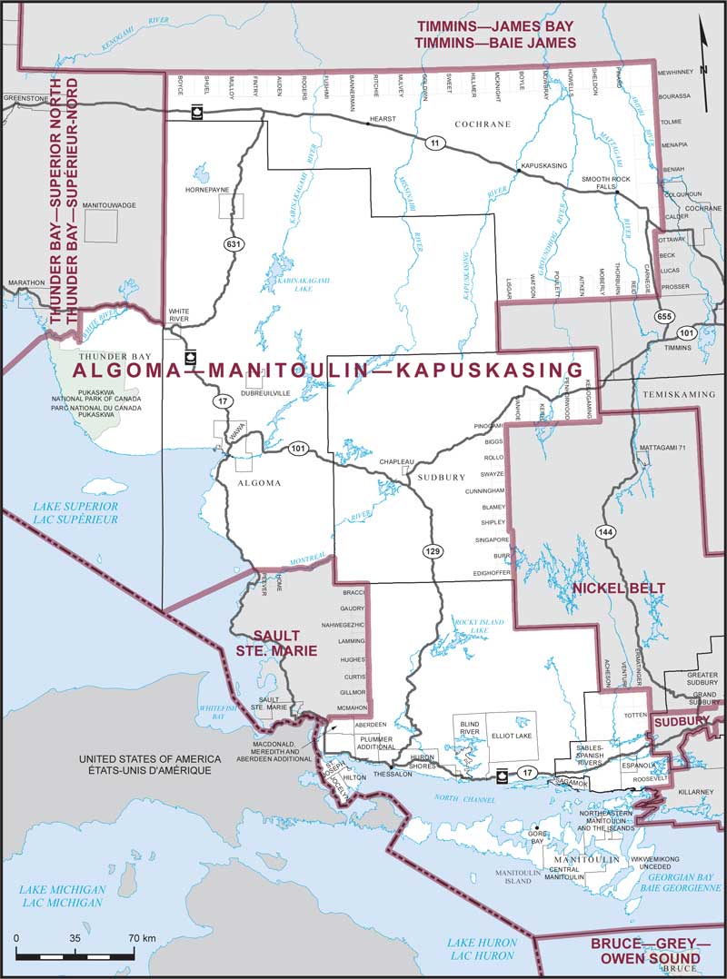 Map of Algoma–Manitoulin–Kapuskasing – Limites actuelles.
