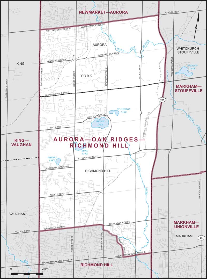 Map of Aurora–Oak Ridges–Richmond Hill – Existing boundaries.