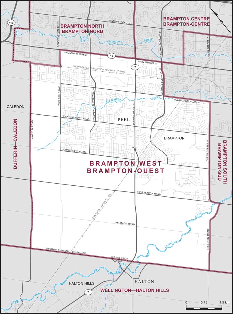 Map of Brampton West – Existing boundaries.