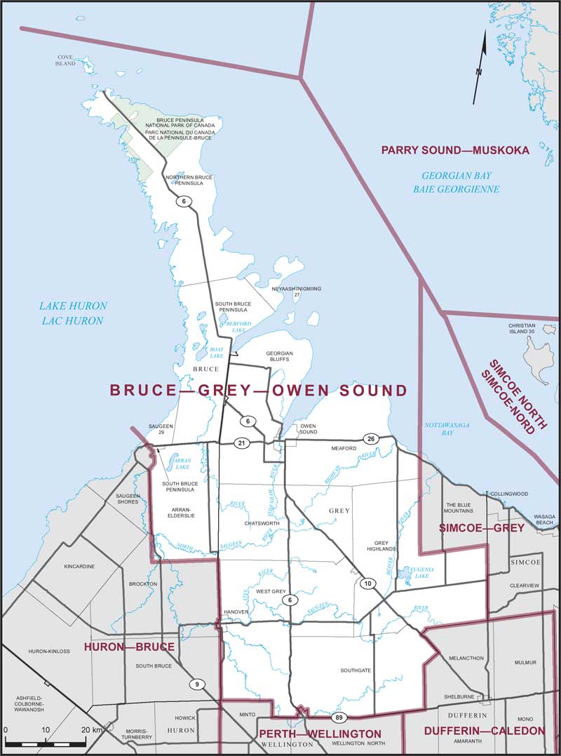 Map of Bruce–Grey–Owen Sound – Existing boundaries.