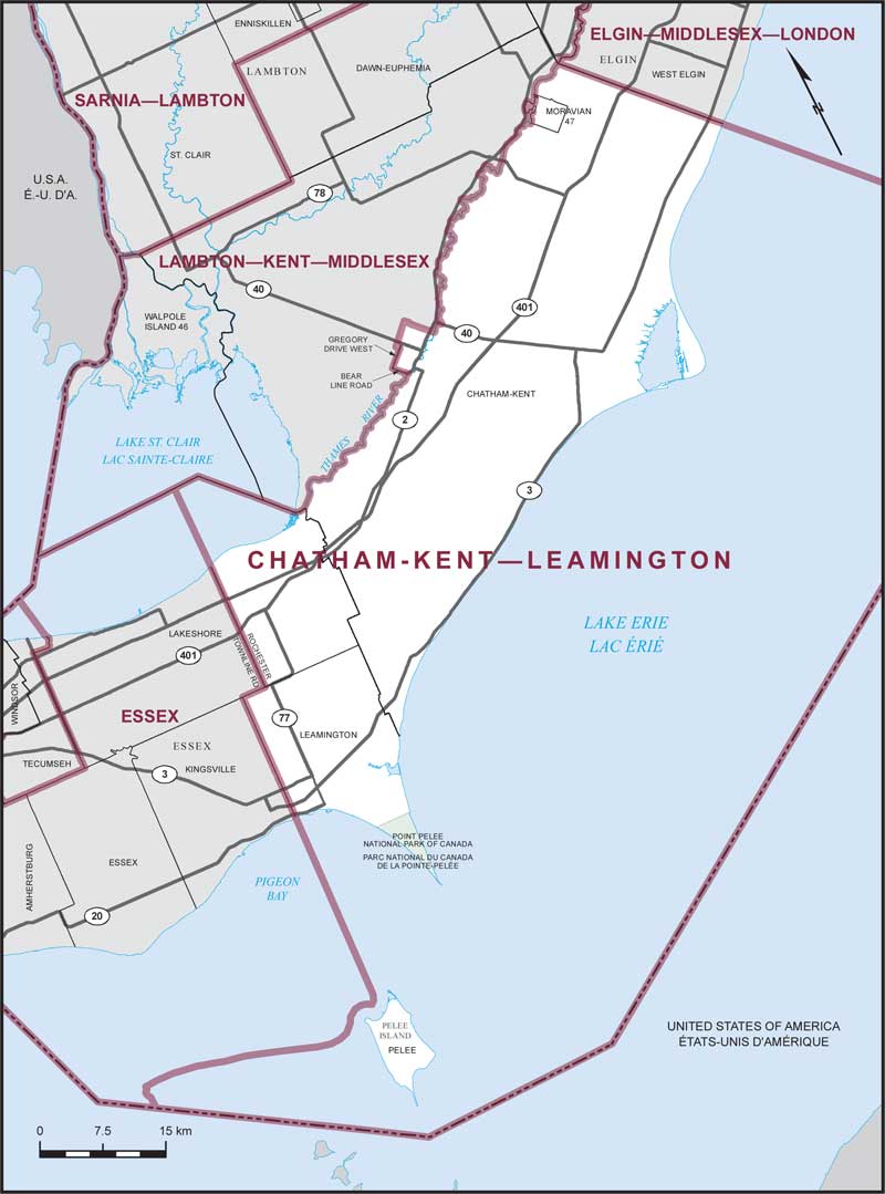 Map of Chatham-Kent–Leamington – Limites actuelles.