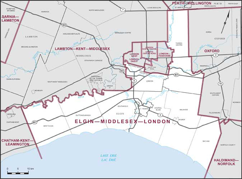 Map of Elgin–Middlesex–London – Limites actuelles.