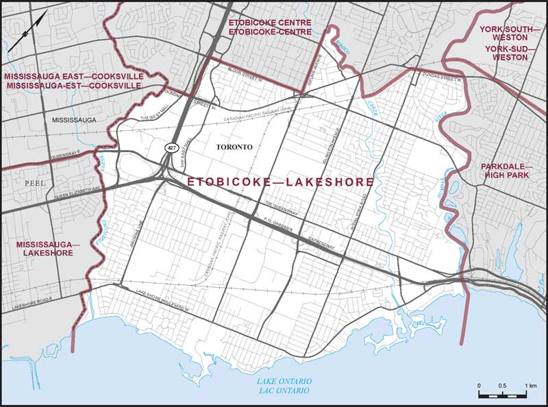 Map of Etobicoke–Lakeshore – Limites actuelles.
