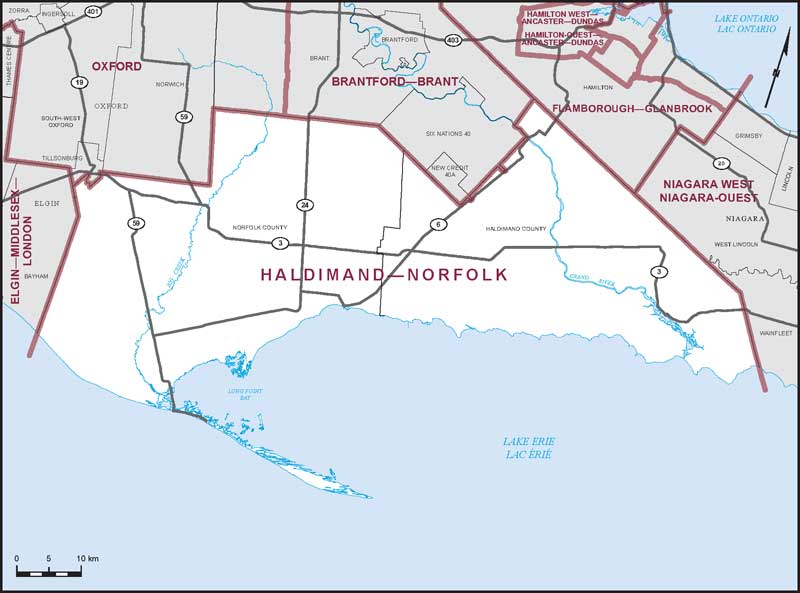 Map of Haldimand–Norfolk – Limites actuelles.