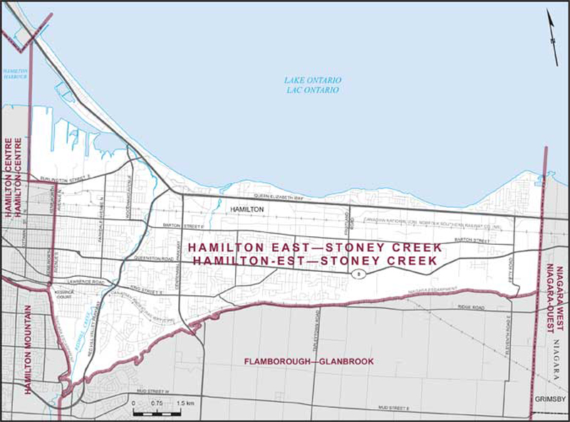 Map of Hamilton East–Stoney Creek – Existing boundaries.