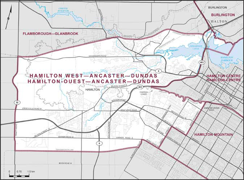 Map of Hamilton-Ouest–Ancaster–Dundas – Limites actuelles.