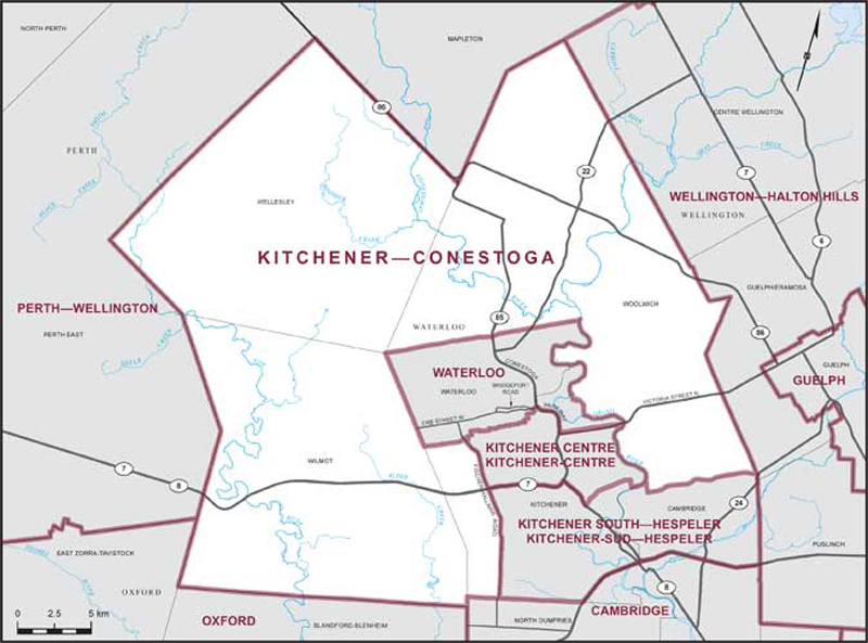 Map of Kitchener–Conestoga – Limites actuelles.
