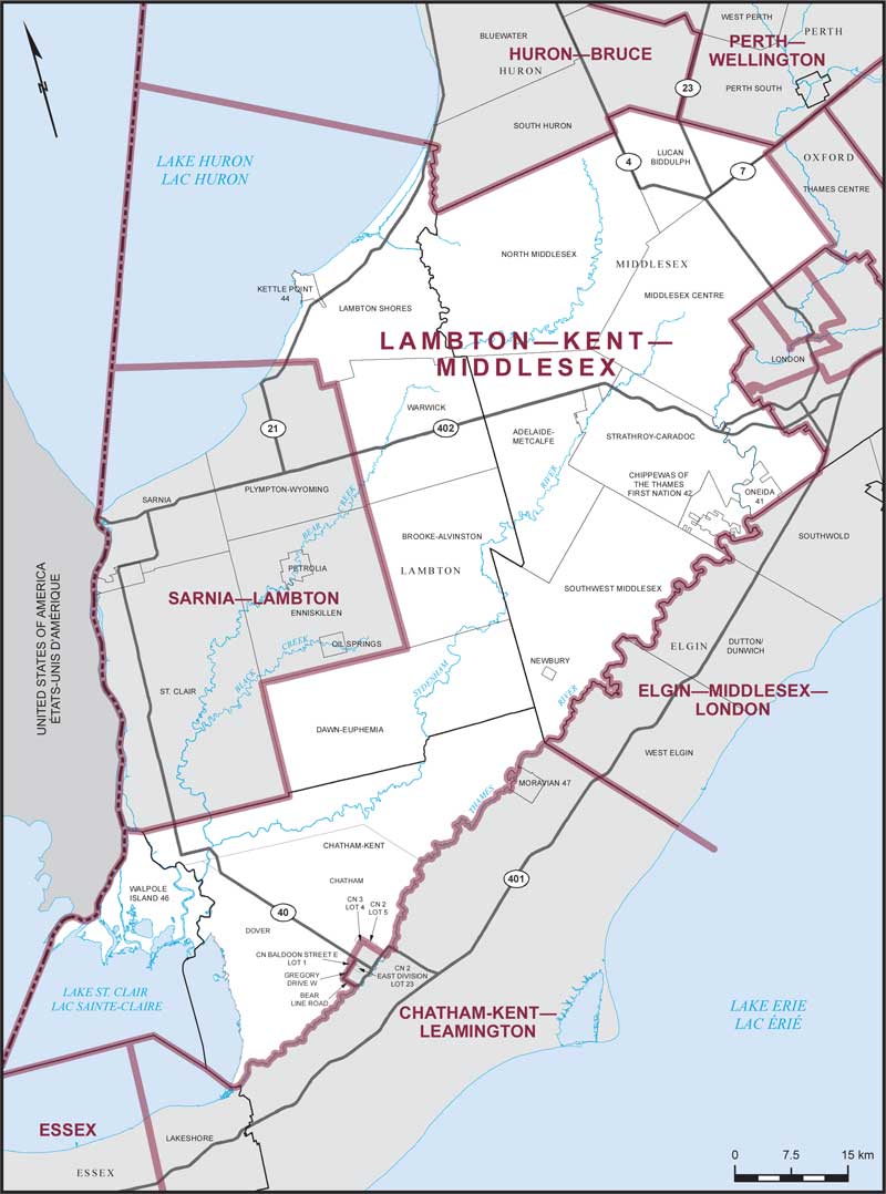 Map of Lambton–Kent–Middlesex – Limites actuelles.