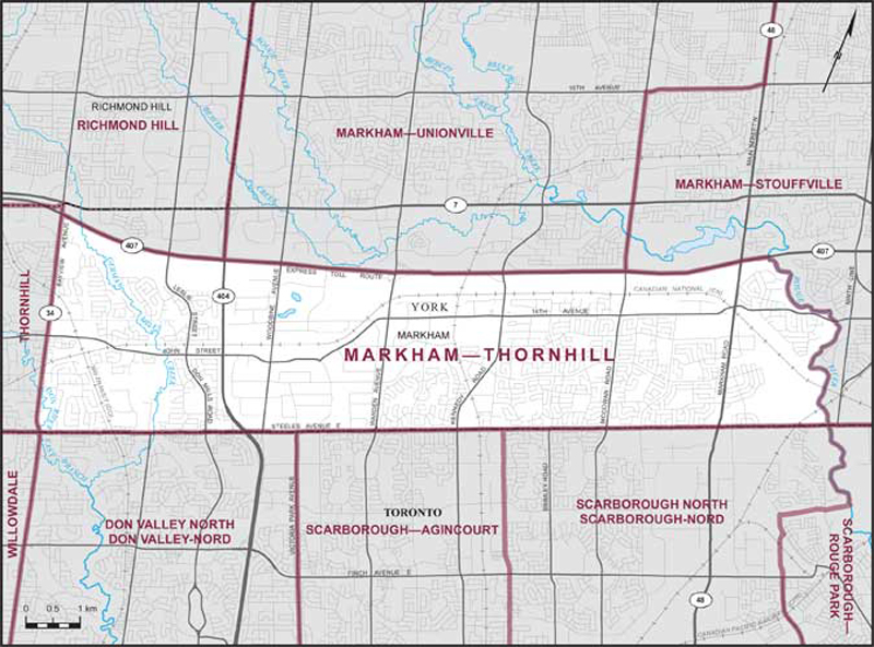 Map of Markham–Thornhill – Existing boundaries.