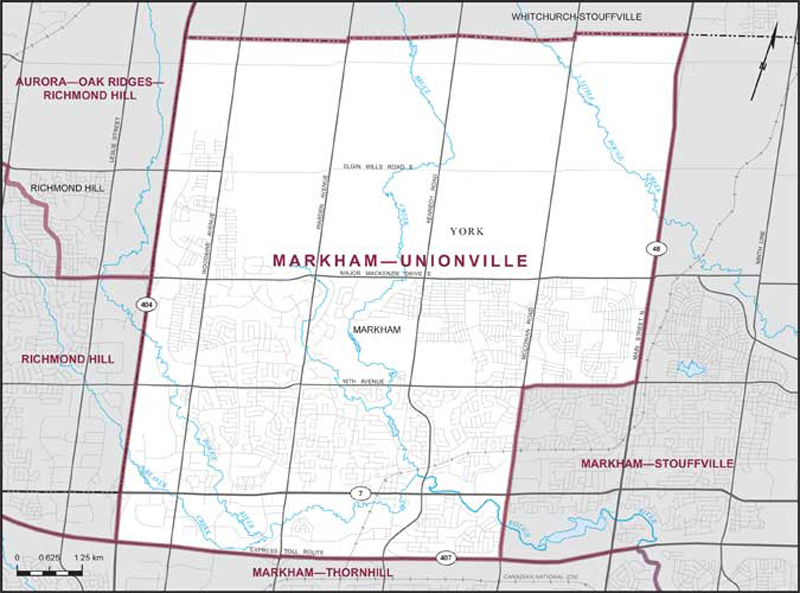 Map of Markham–Unionville – Existing boundaries.