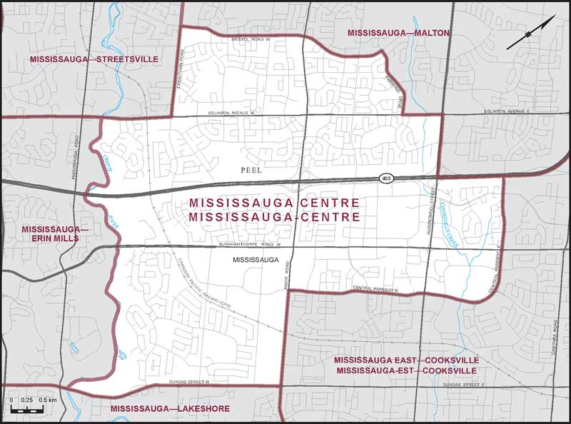 Map of Mississauga-Centre – Limites actuelles.