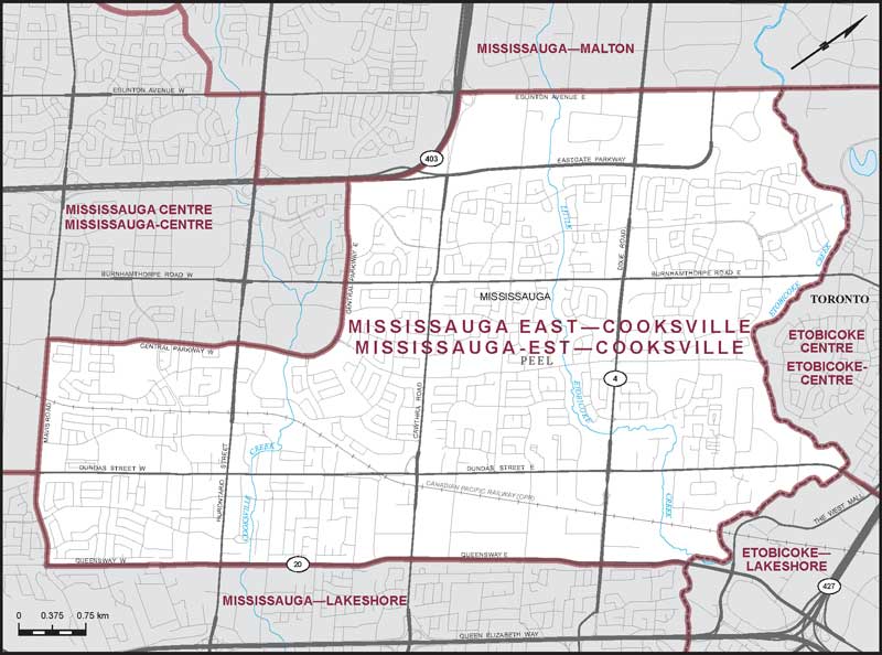 Map of Mississauga-Est–Cooksville – Limites actuelles.