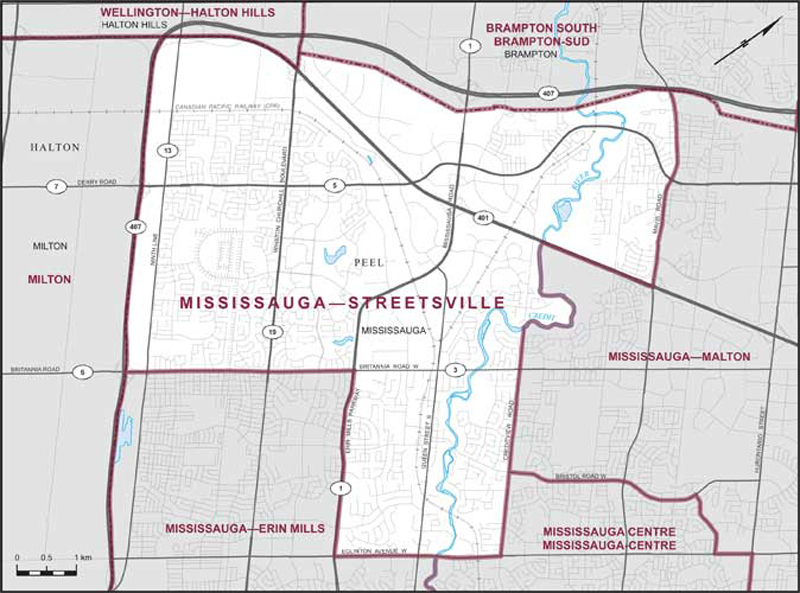 Map of Mississauga–Streetsville – Limites actuelles.