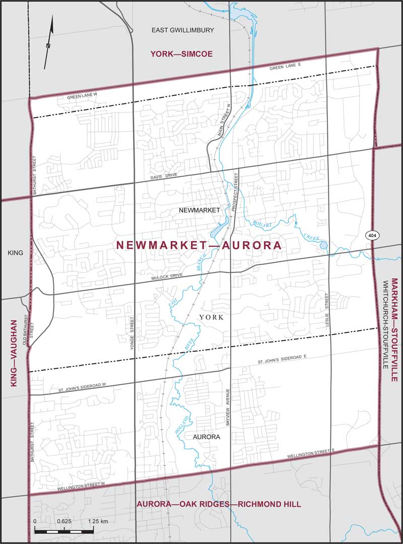 Map of Newmarket–Aurora – Limites actuelles.