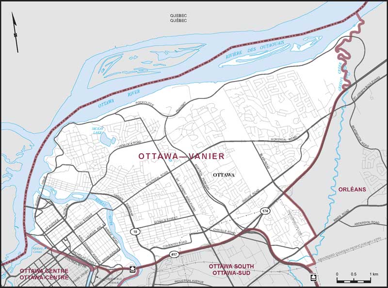 Map of Ottawa–Vanier – Limites actuelles.