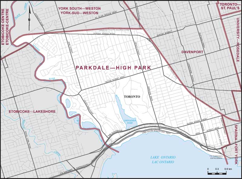 Map of Parkdale–High Park – Existing boundaries.