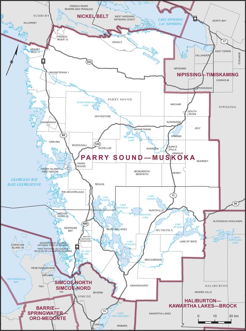 Map of Parry Sound–Muskoka – Limites actuelles.