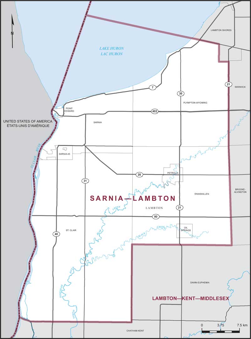 Map of Sarnia–Lambton – Limites actuelles.