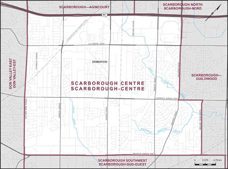 Map of Scarborough-Centre – Limites actuelles.