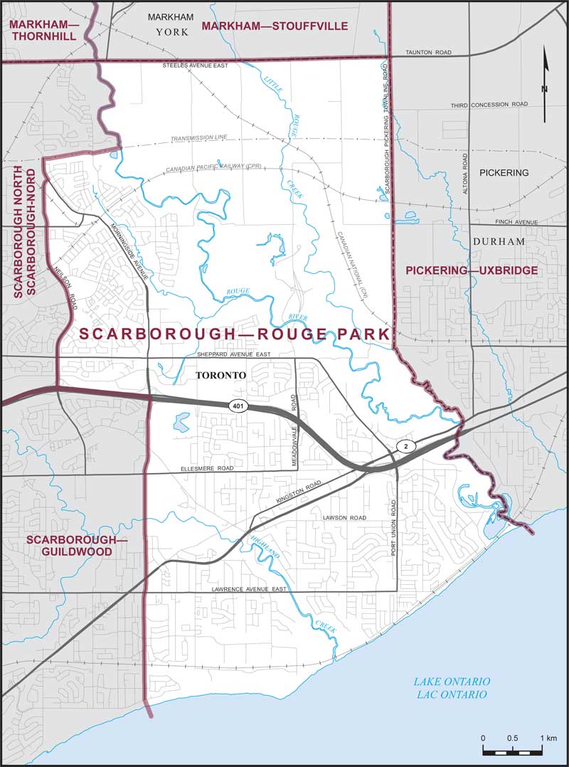 Map of Scarborough–Rouge Park – Limites actuelles.