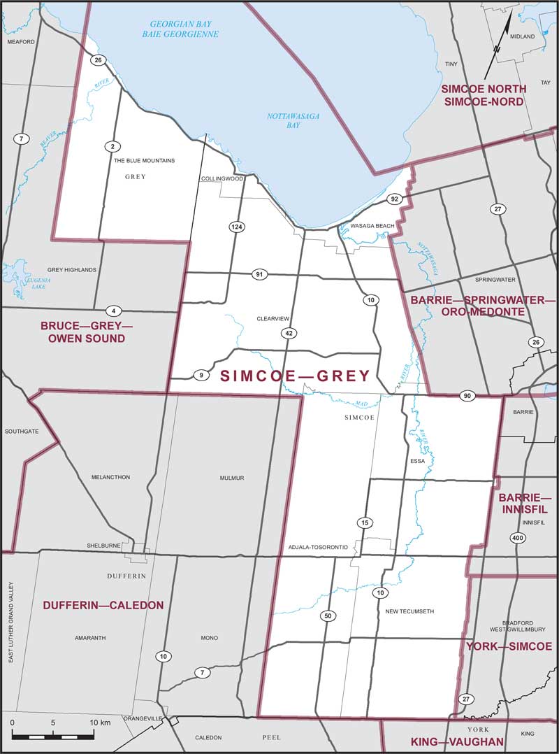 Map of Simcoe–Grey – Limites actuelles.