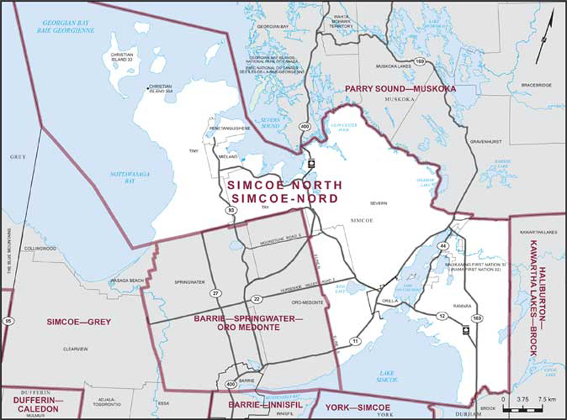 Map of Simcoe North – Existing boundaries.