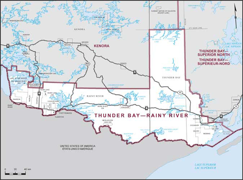 Map of Thunder Bay–Rainy River – Existing boundaries.