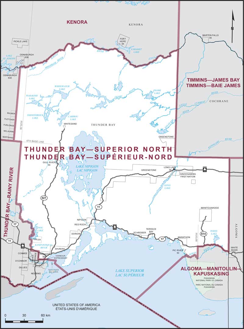 Map of Thunder Bay–Superior North – Existing boundaries.