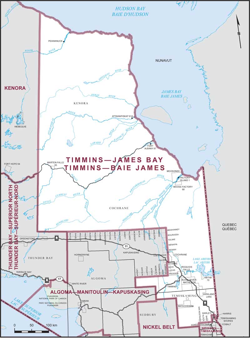 Map of Timmins–Baie James – Limites actuelles.