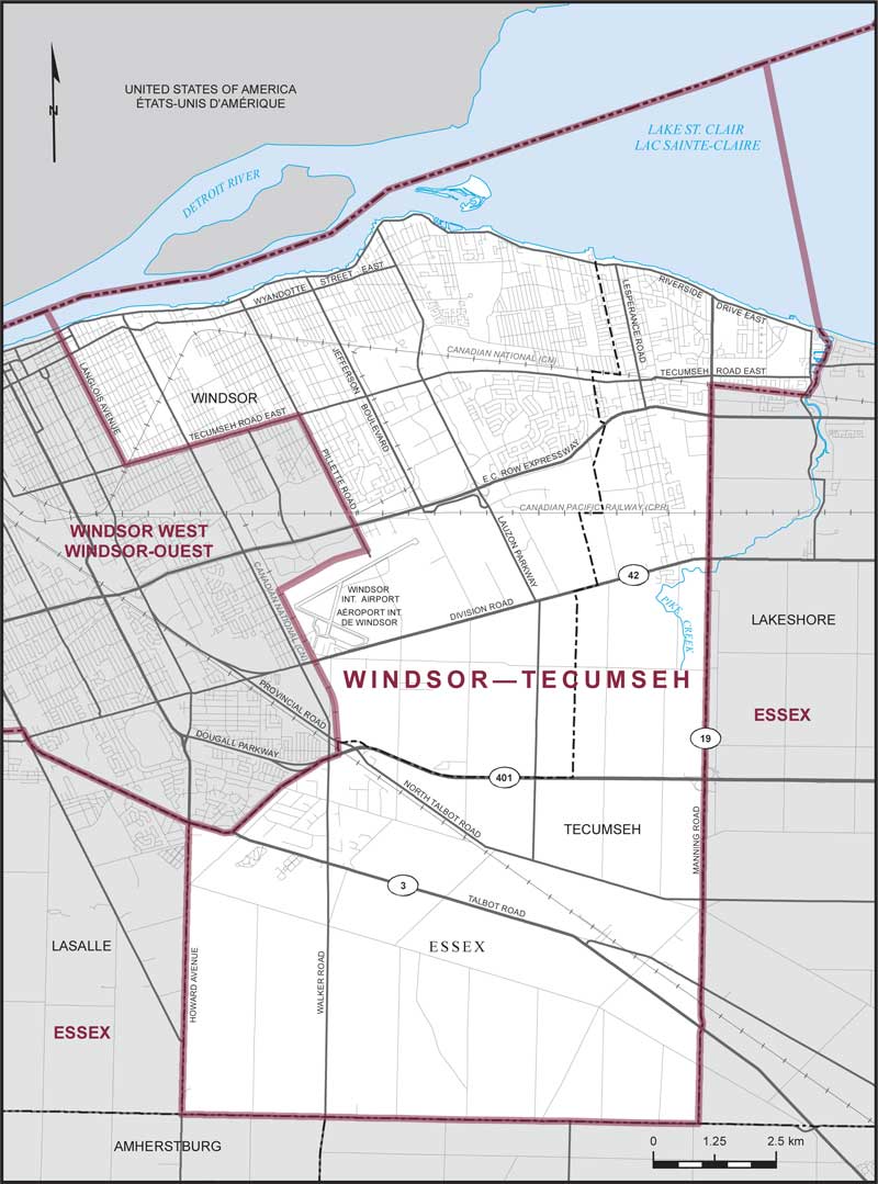Map of Windsor–Tecumseh – Limites actuelles.